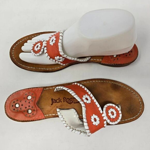JACK ROGERS USA VINTAGE JACKS FLATS ORANGE WHITE WOMENS SANDALS SIZE 9 M - Picture 1 of 5